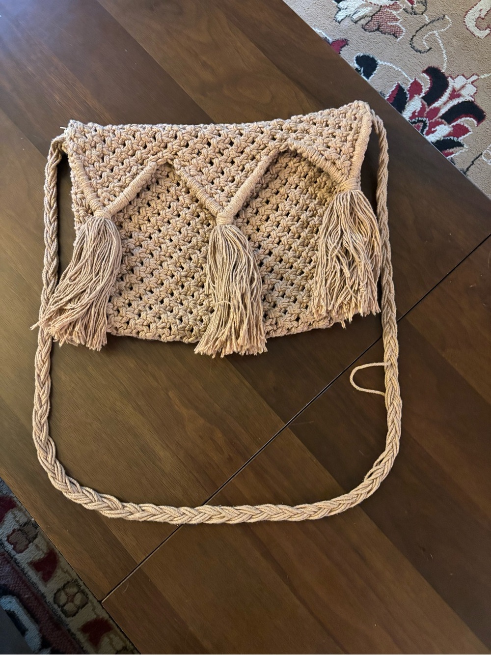 Handcrafted Crochet Tassel Crossbody Bag in Beige